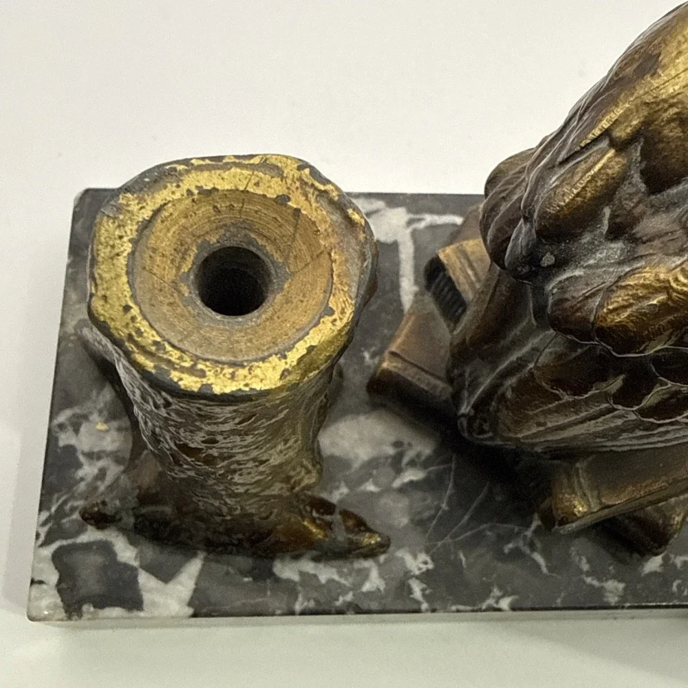 Antique Vienna Cold Painted Bronze Marble Owl Table Lighter Bergman Style